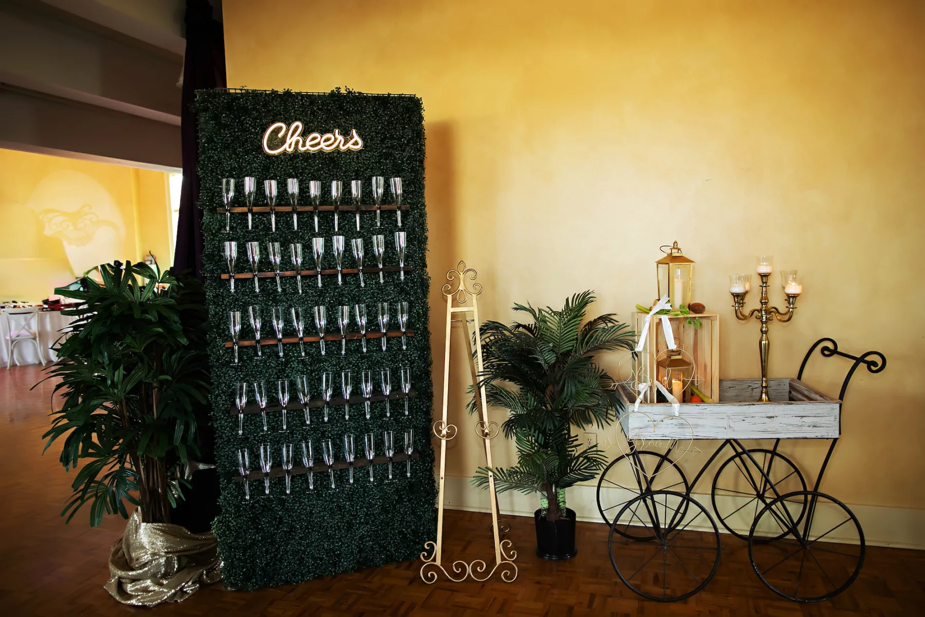 Italian Wedding Reception Champagne Grass Wall with Cheers Neon Sign