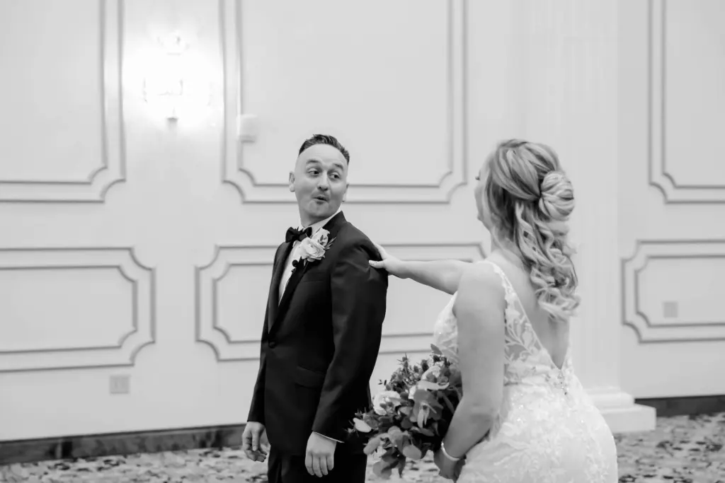 Bride and Groom First Look Black and White Wedding Portrait
