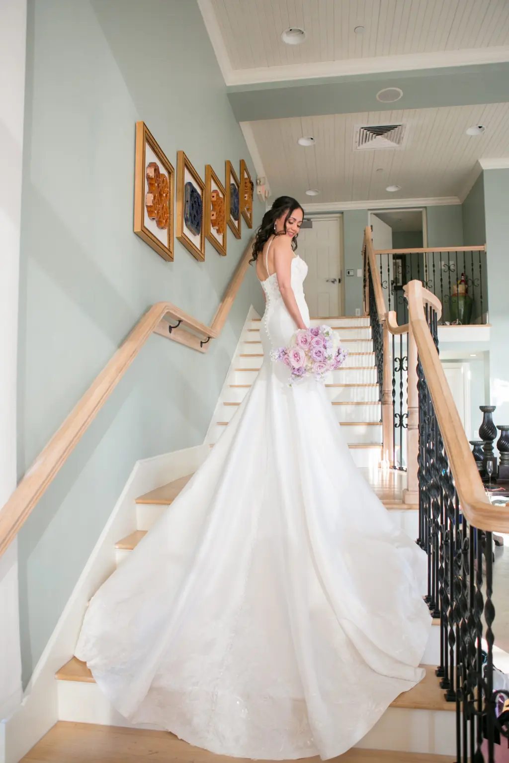 White Removable Spaghetti Strap Lace and Satin Mermaid Wedding Dress with Cathedral Train Inspiration | Tampa Bay Boutique Truly Forever Bridal | Clearwater Photographer Carrie Wildes Photography | Bridal Portrait on Staircase