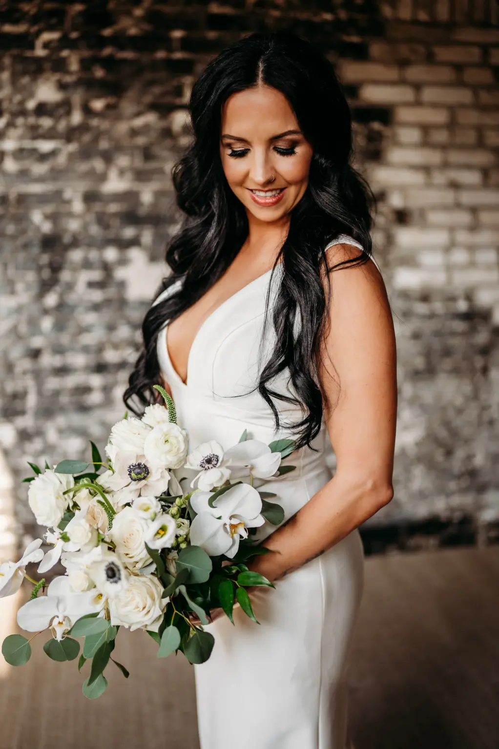 Classic Long Wedding Hair and Makeup Inspiration | White Roses, Anemone, Orchids, and Greenery Bouquet Ideas | Tampa Bay HMUA Femme Akoi Beauty Studio | Photographer Videographer Sabrina Autumn Photography