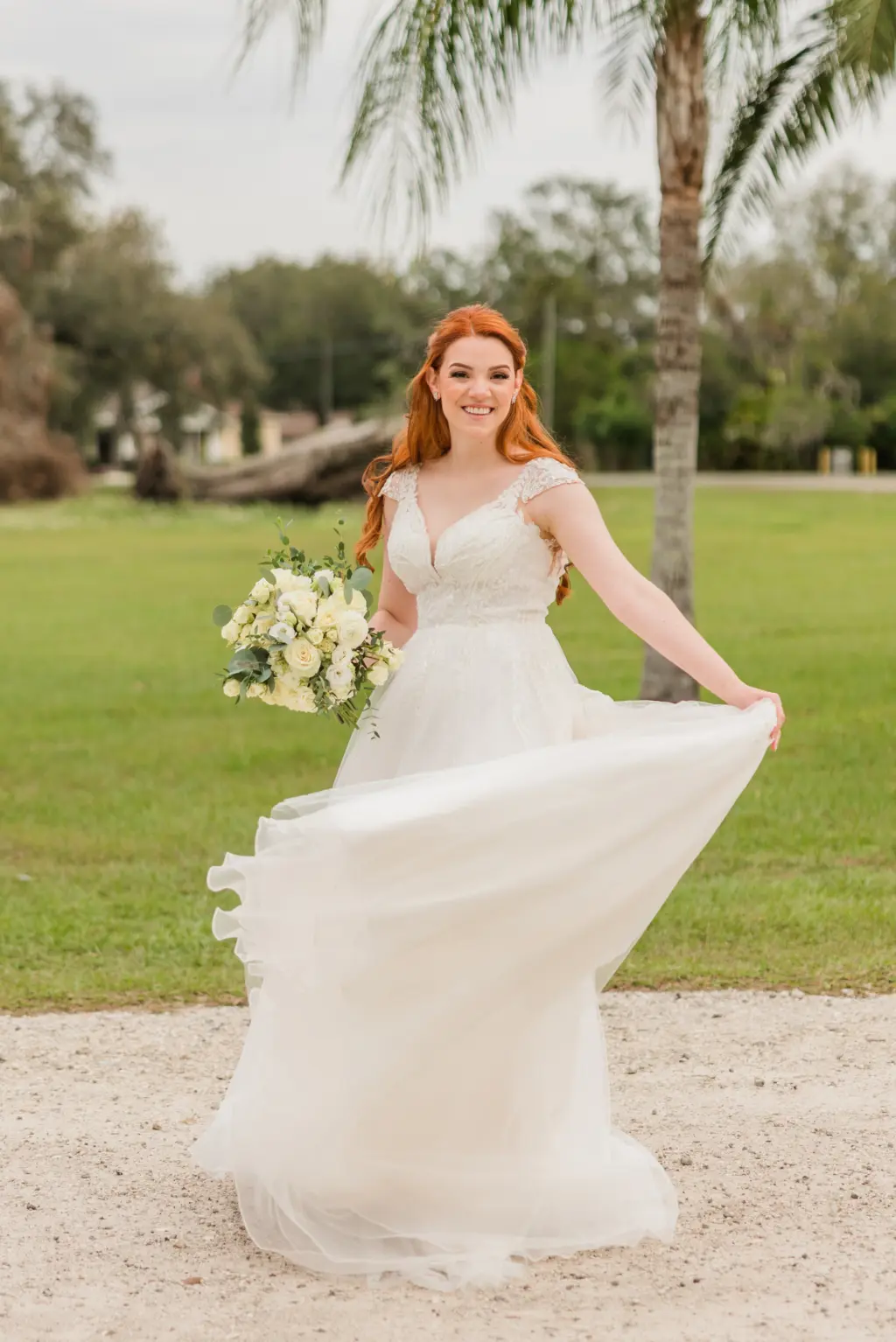 Elegant Bridal Hair and Makeup Ideas | Ivory Lace Cap-Sleeve Tulle A-Line David's Bridal Wedding Dress Inspiration | White Roses and Greenery Bridal Bouquet | Tampa Bay Photographer Mary Anna Photography
