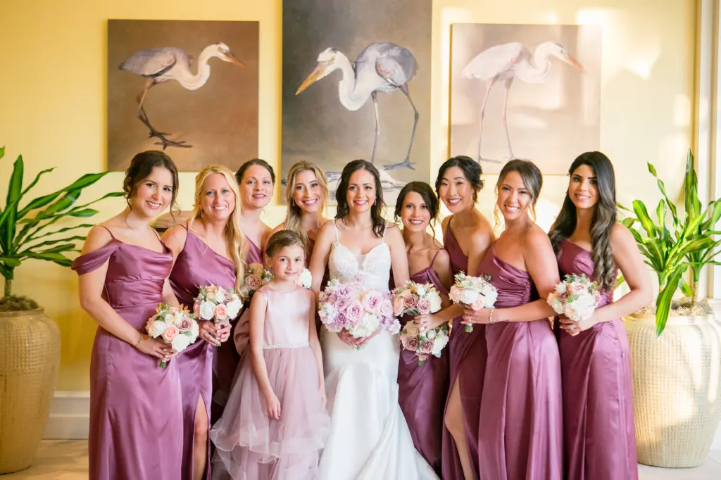 Timeless Hair and Makeup Ideas | Satin Amethyst Purple Pink Mismatched Bridesmaid Dresses | White Removable Spaghetti Strap Lace and Satin Mermaid Wedding Dress Inspiration | Tampa Bay Boutique Truly Forever Bridal | Clearwater Artist Femme Akoi Beauty Studio