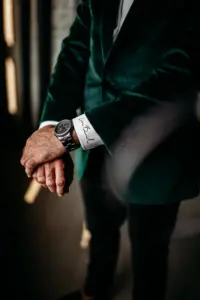Groom Getting Ready for Black Tie Wedding | Green Velvet Tuxedo Jacket Ideas