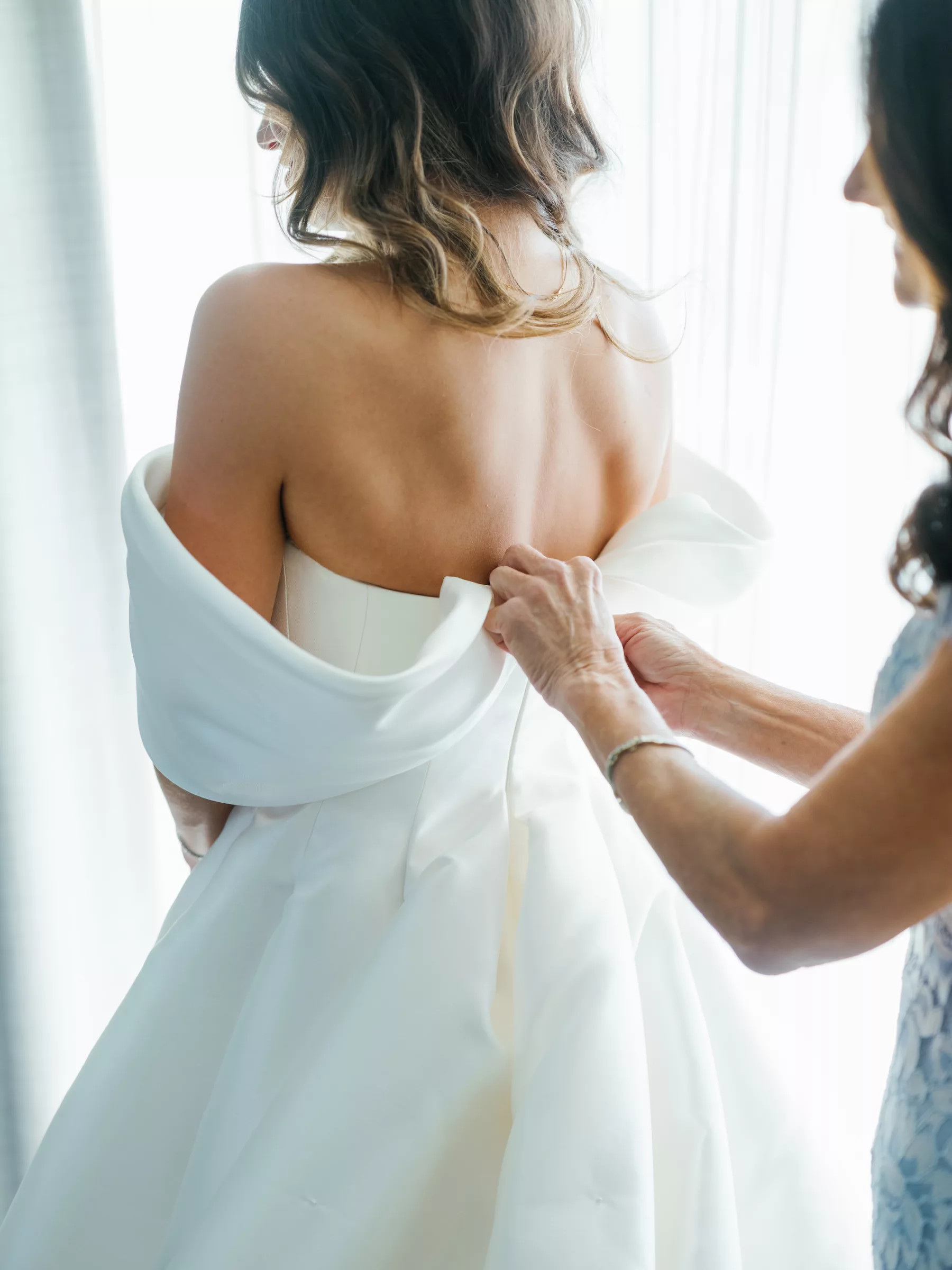 Bride Getting Ready in Elegant Ivory Satin Off The Shoulder Ballgown Wedding Dress Inspiration