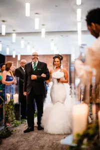 Bride and Father Walking Down Wedding Ceremony Aisle | One Shoulder Tulle Mermaid Pantora Bridal Wedding Dress Ideas | Tampa Bay Videographer Priceless Studio Design
