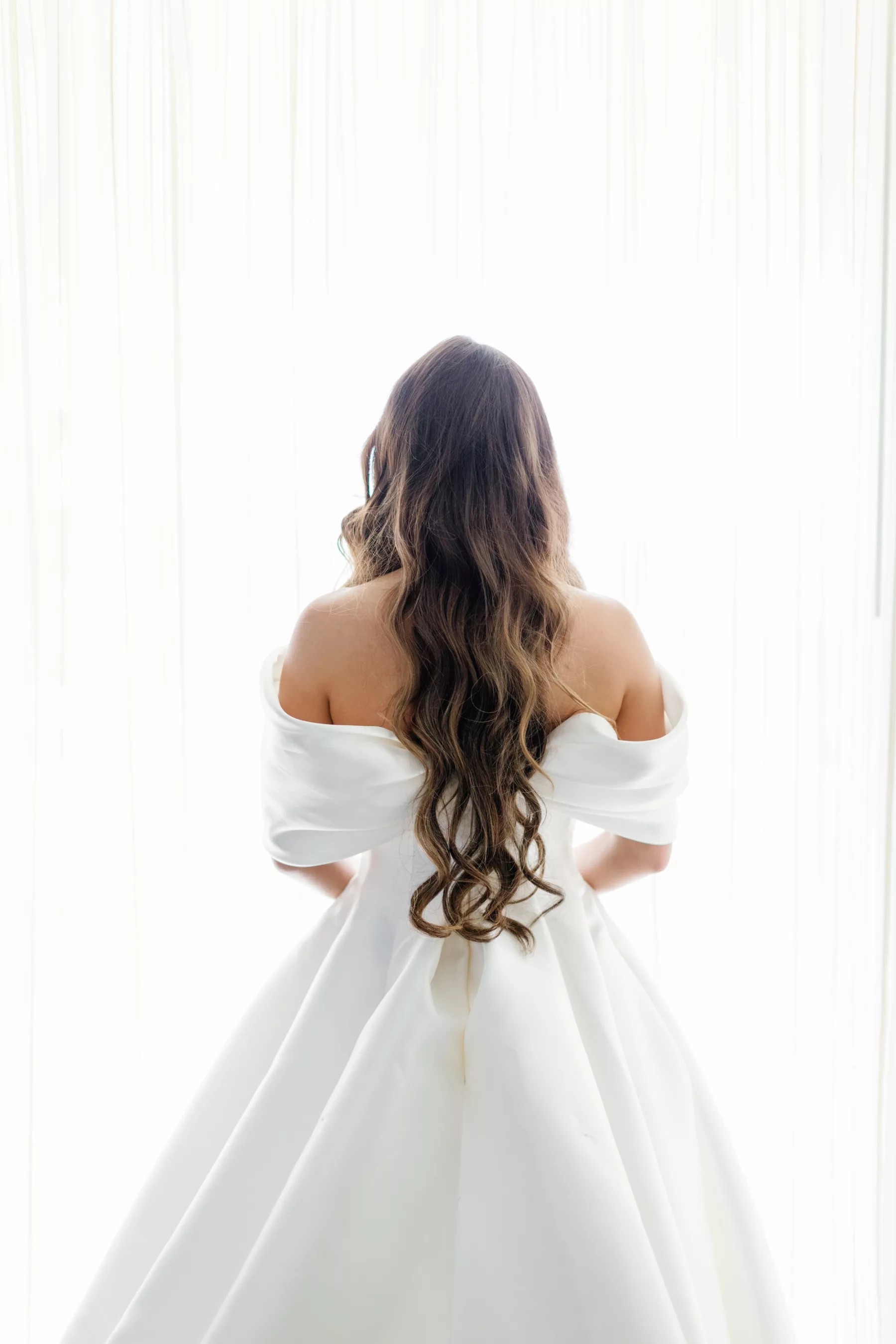 Elegant Ivory Satin Off The Shoulder Ballgown Wedding Dress Inspiration | Long Wavy Bridal Hair Ideas