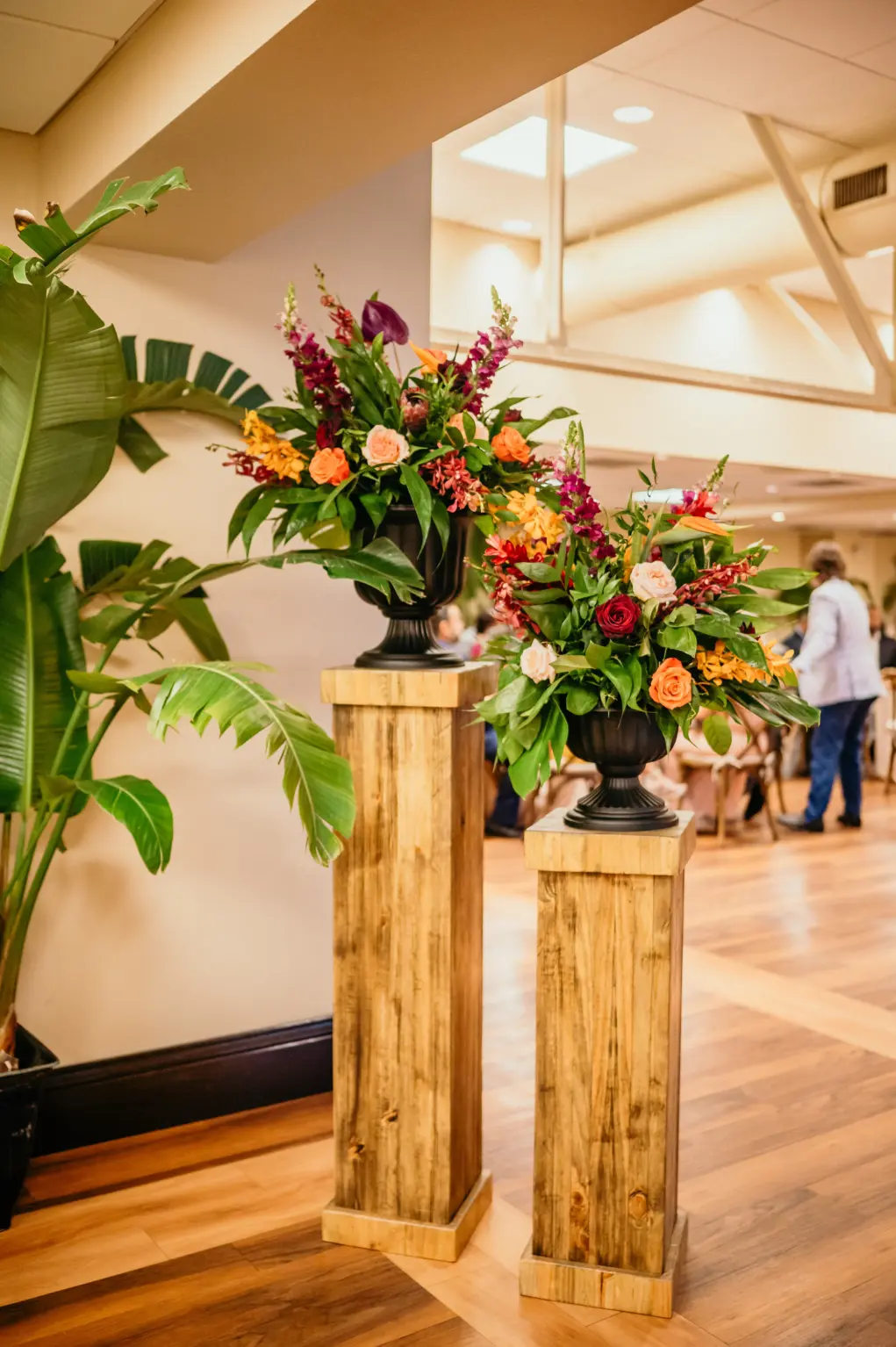 Wooden Podium Column for Tropical Flower Arrangement | Wedding Ceremony Entrance Decor Ideas | Tampa Bay Florist Save The Date Florida