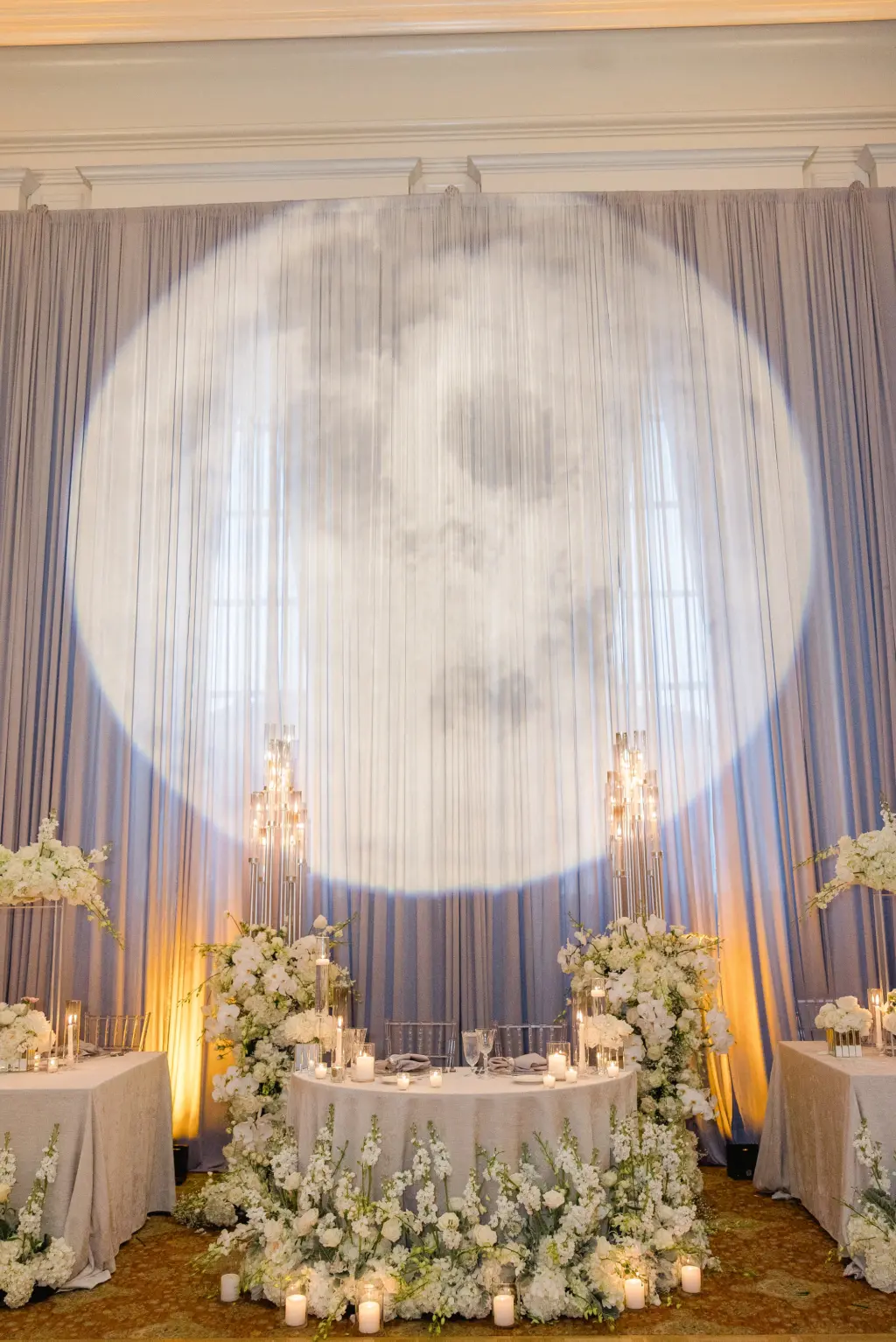 Moon Image for Projector GOBO | Silver, Blue and White Starry Night Winter Wonderland Wedding Reception Sweetheart Table Decor Inspiration | Tampa Bay Lighting and DJ Grant Hemond & Associates