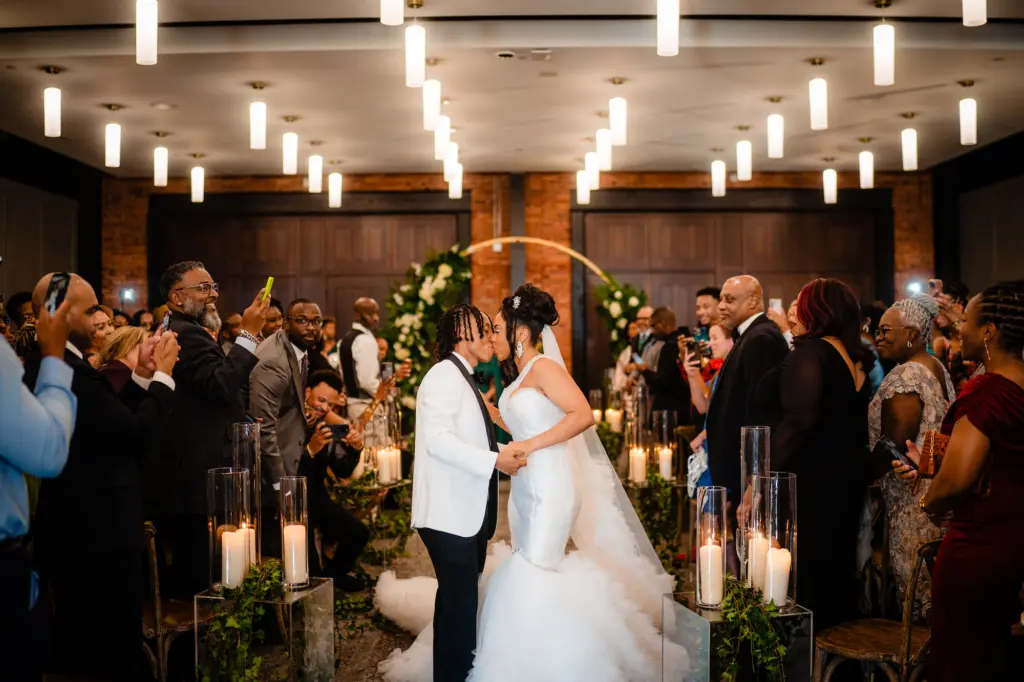 Bride and Groom Just Married Wedding Portrait | Tampa Bay Videographer Priceless Studio Design | Downtown Tampa Heights Event Venue Armature Works