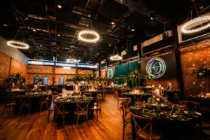 Glamorous Black and Emerald Indoor Wedding Reception Inspiration | Downtown Tampa Heights Event Venue Armature Works