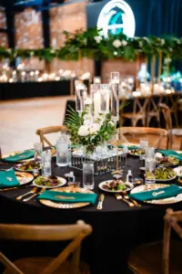 Elegant Tropical Black and Emerald Indoor Wedding Reception Candle Centerpiece Inspiration