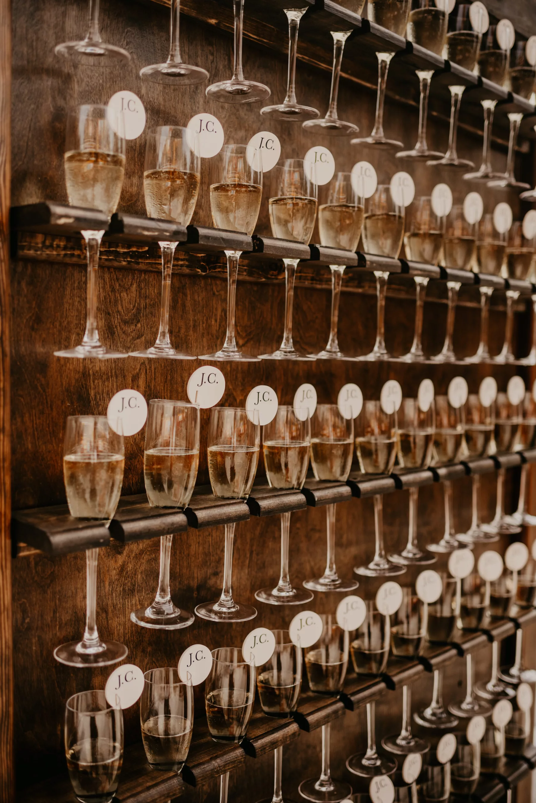 Vintage Wooden Champagne Wall for Boho Industrial Wedding Reception