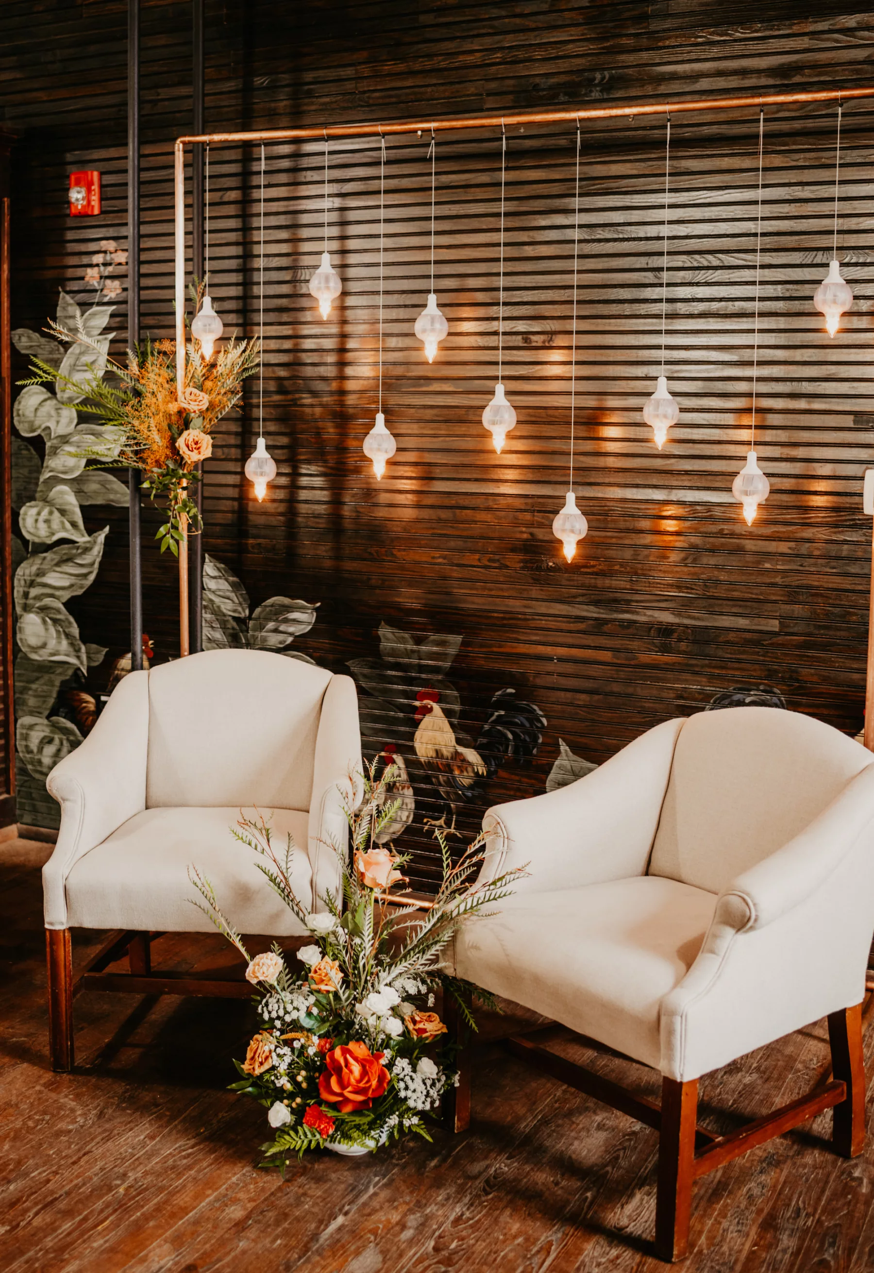 Neutral Beige Lounge Seating with Hanging Lights Backdrop for Industrial Wedding Reception Ideas