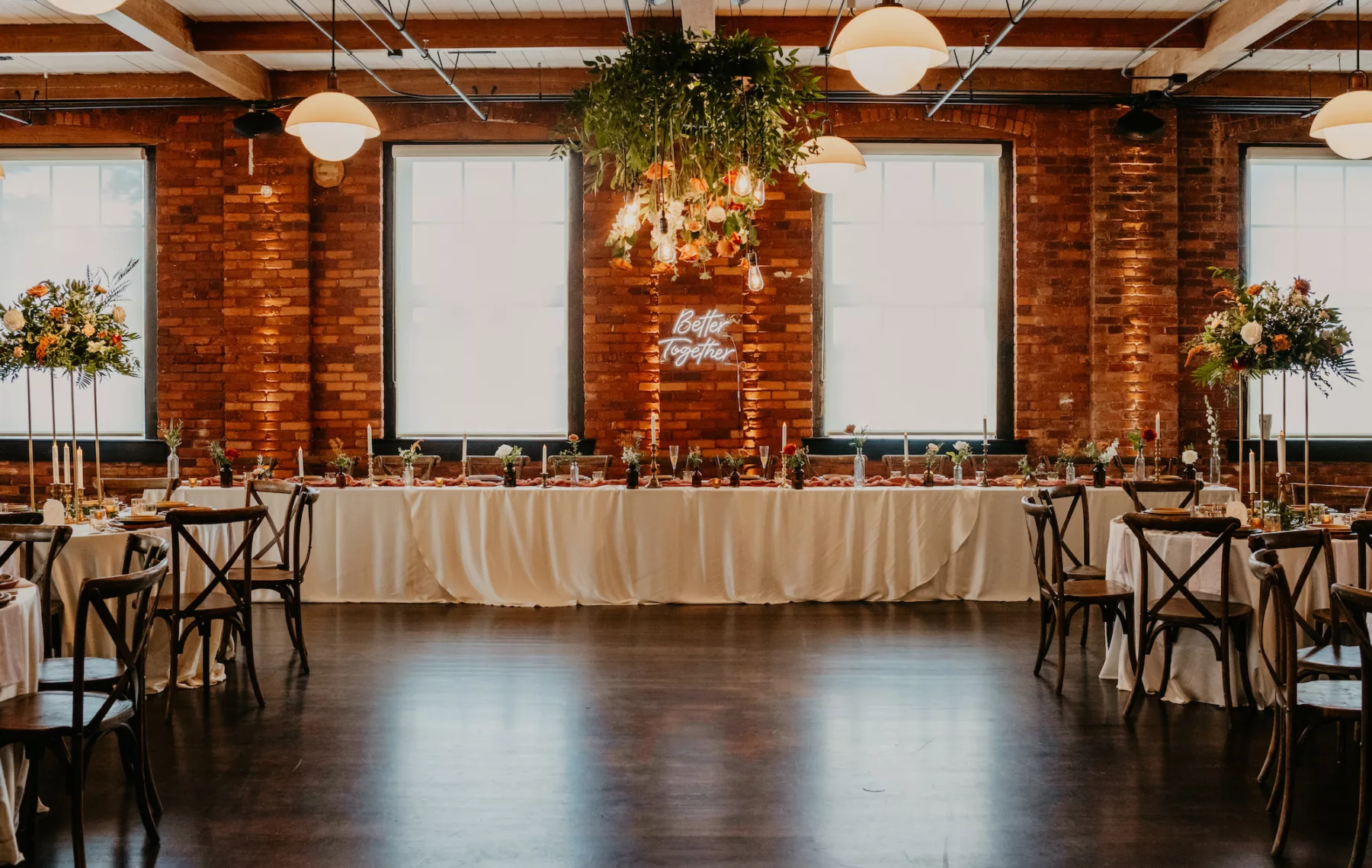 Long Feasting Table for Bridal Party | Industrial Wedding Reception Inspiration | Tampa Bay Planner B Eventful | Historic Industrial Venue J.C. Newman Cigar Co.