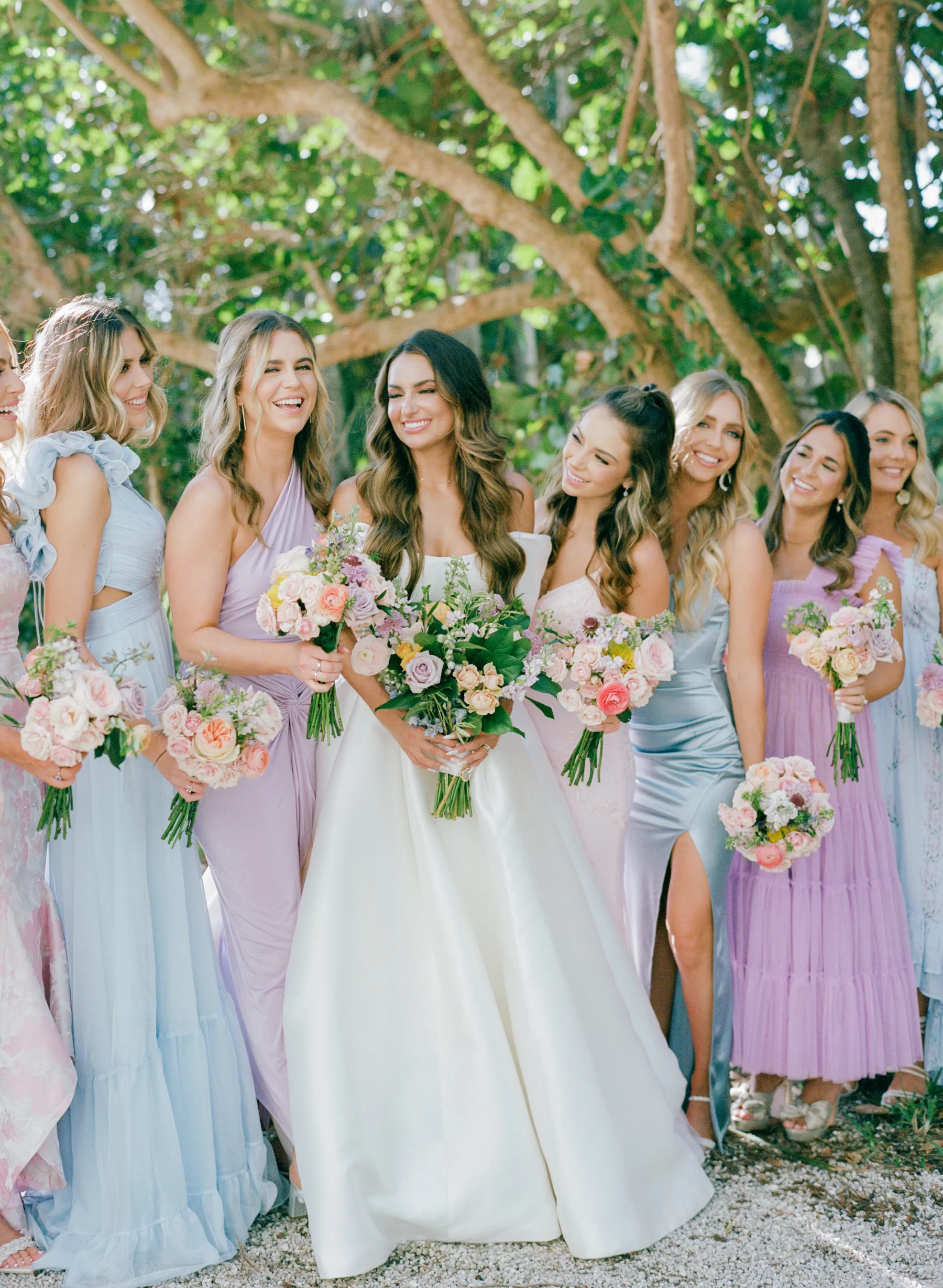 Pastel Pink, Purple, and Blue Mismatched Old Florida Beach Bridesmaids Wedding Dress Ideas