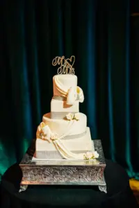 Four-tiered Square and Round Multi-Shaped White Fondant Wedding Cake with Crystal Rhinestone Border Banding