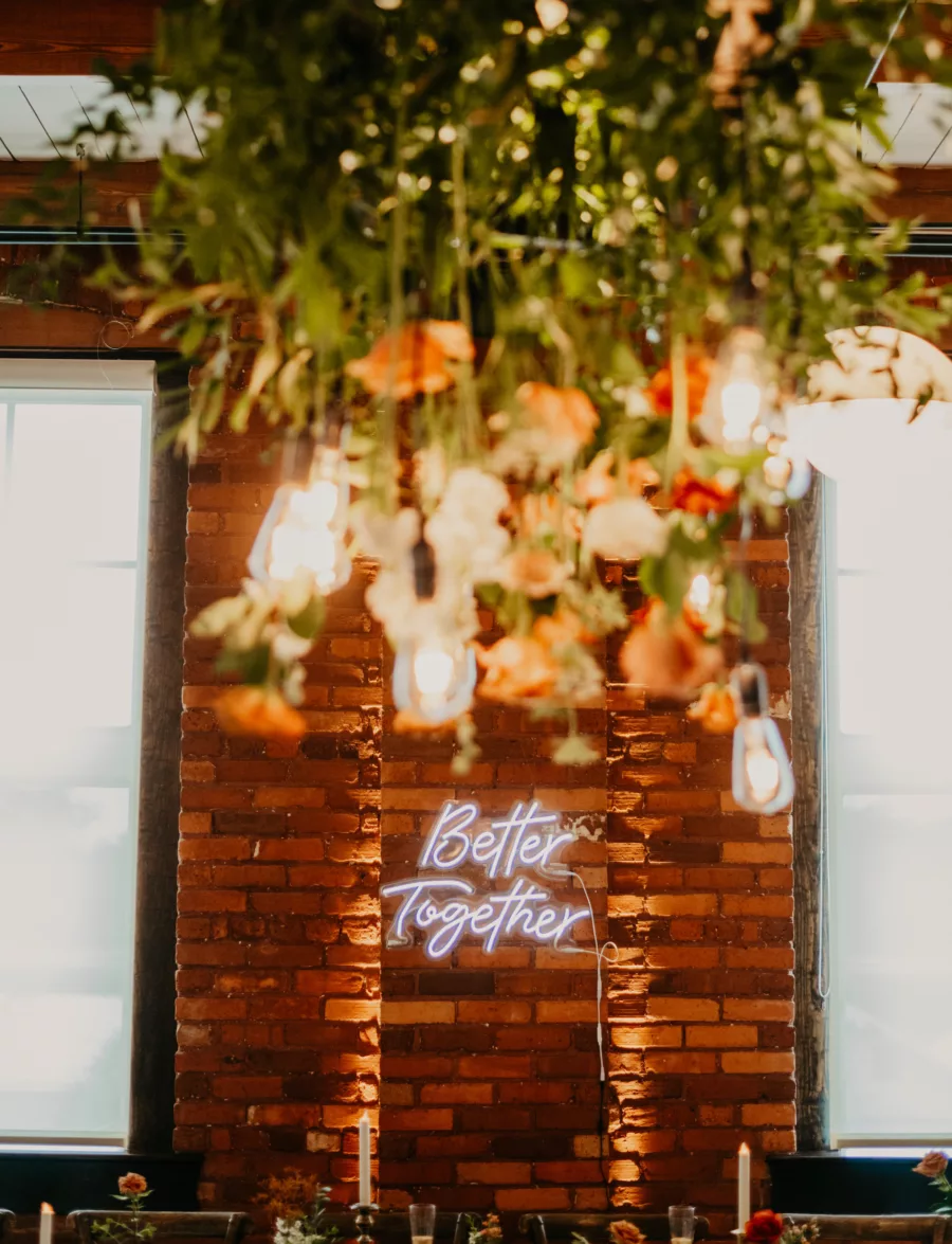 Better Together Neon Sign for Wedding Reception Sweetheart Table Ideas | Historic Industrial Venue J.C. Newman Cigar Co. | Planner B Eventful