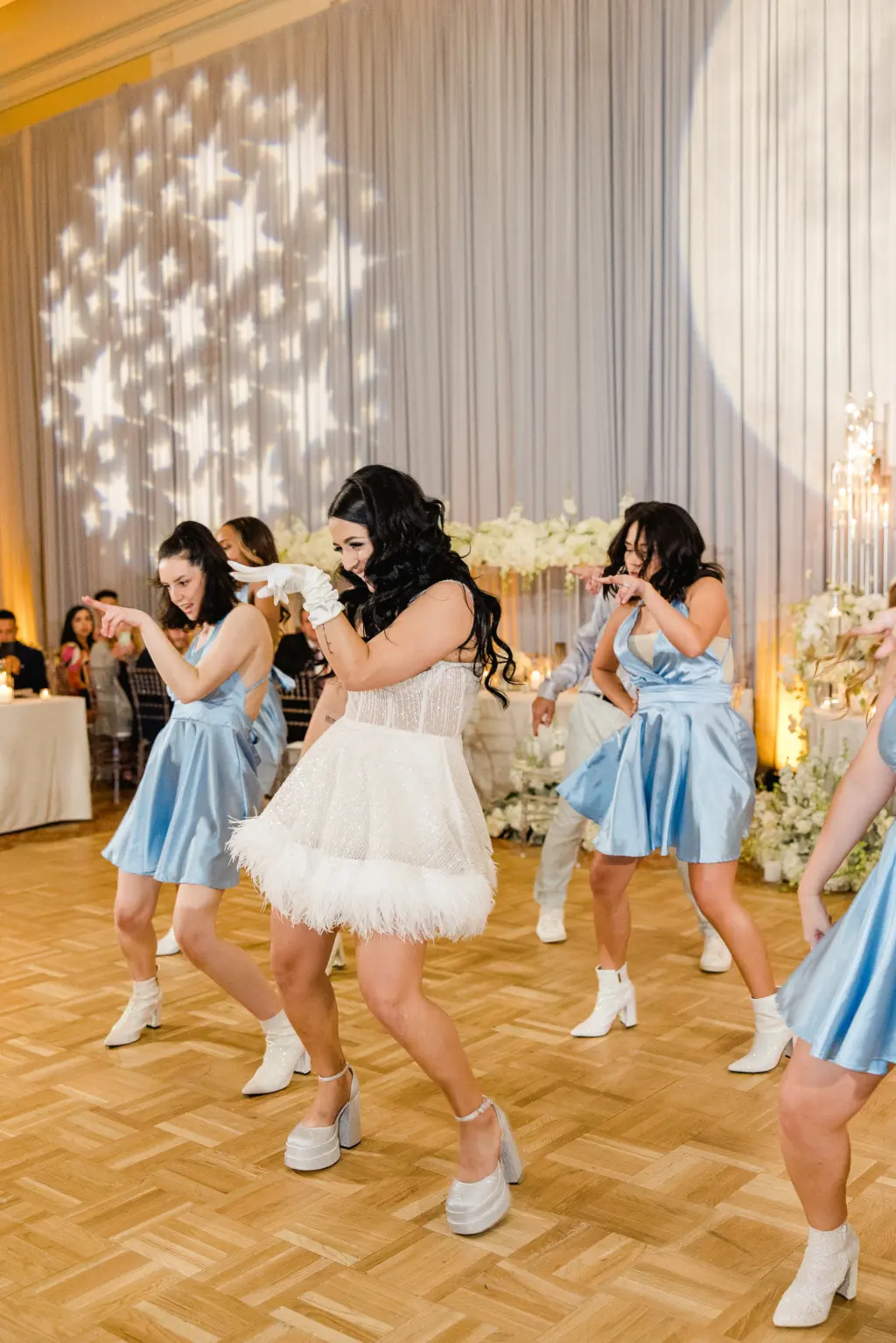 Bride and Bridesmaids Choreographed Dance Ideas | Light Blue Satin Wedding Reception Dress Inspiration