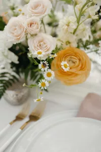 Feverfew Daisy, Yellow Garden Rose, and Pink Rose Centerpiece Inspiration for Spring European Inspired Wedding Reception Decor Ideas