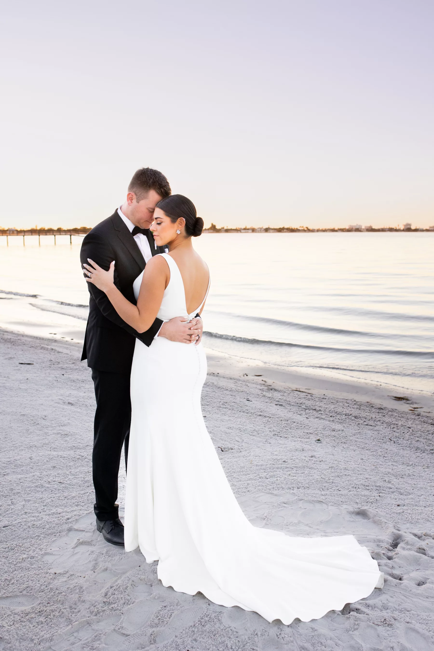 Romantic Bride and Groom Sunset Wedding Portrait | Modern White Mermaid Wedding Dress Ideas