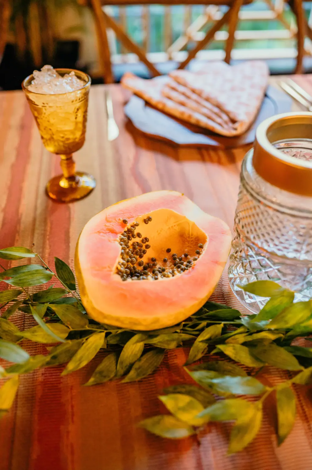 Tropical Wedding Reception with Real Fruit Papaya Centerpiece Decor Ideas