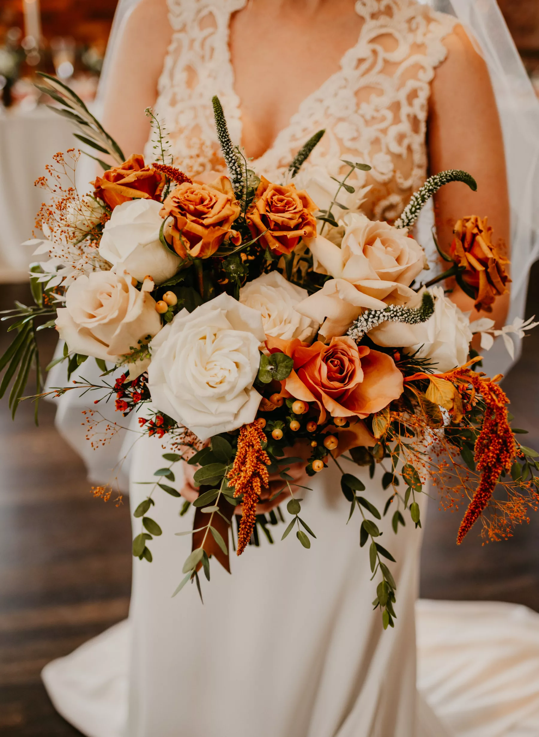 Elegant Fall Boho Wedding Bouquet Inspiration with White Veronica, Orange Roses, Hypernicum Berries, Terracotta Amaranthus, and Greenery