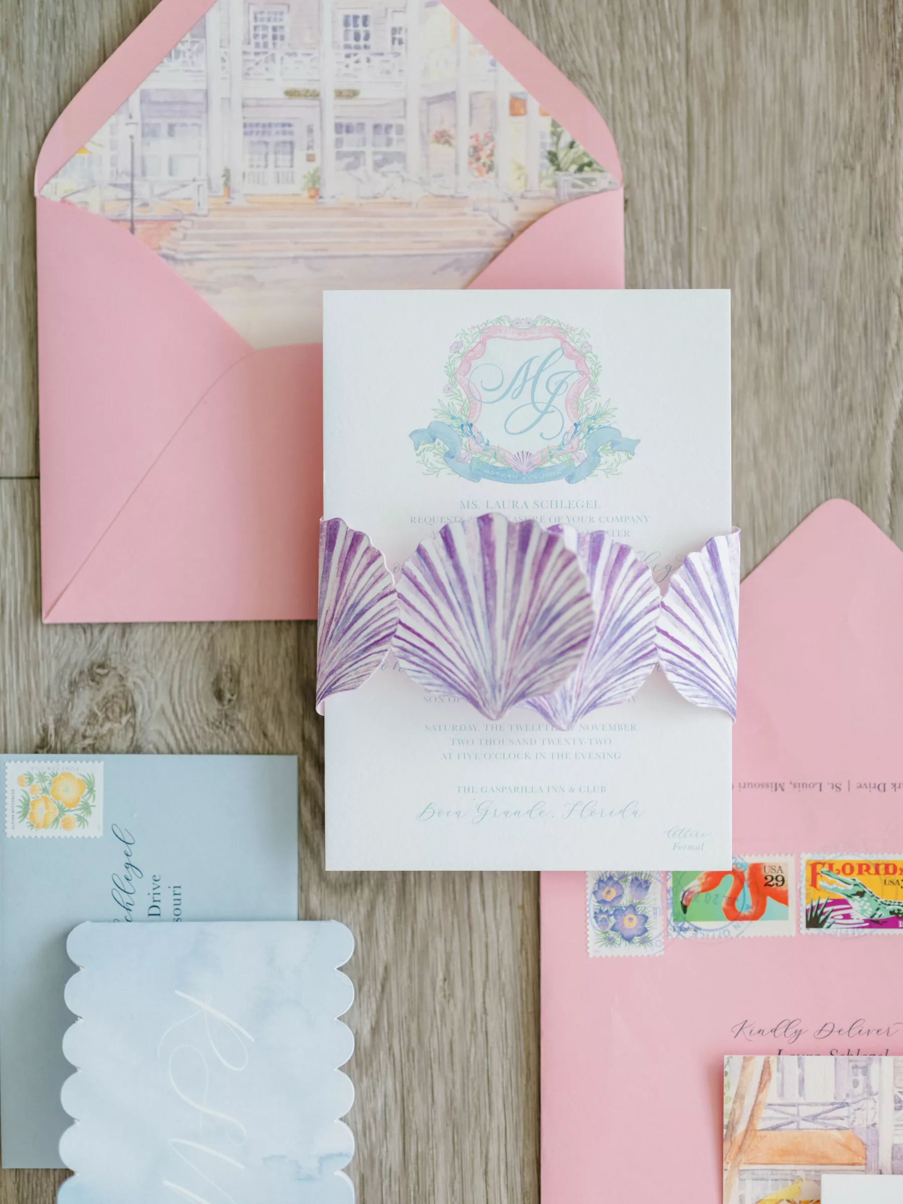 Pastel Pink and Blue Beach Wedding Invitation with Purple Shell Belly Band, Watercolor Event Venue Envelope Inspiration | Tropical Postage Stamp Ideas