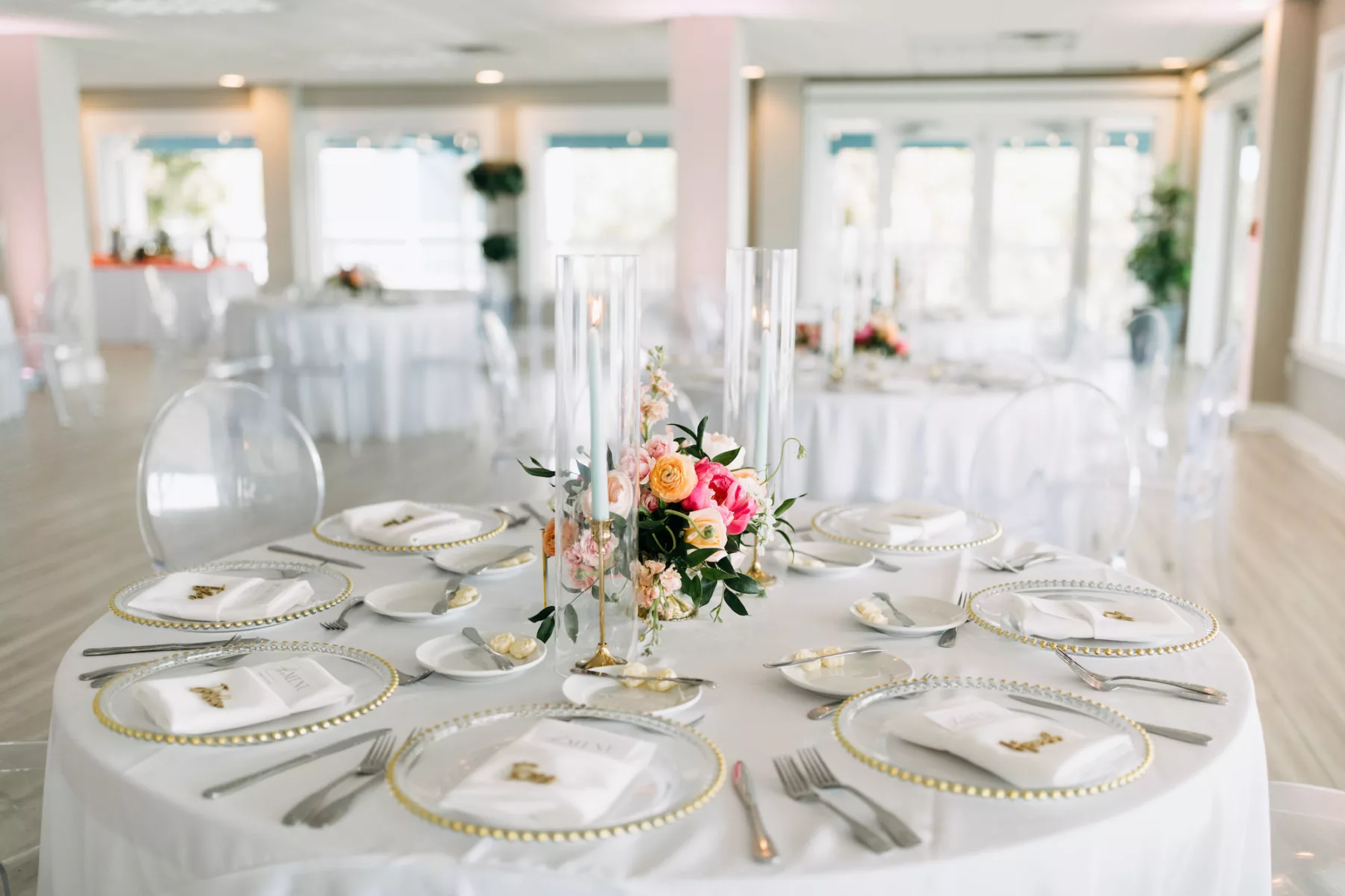 Classic White and Gold Wedding Reception Tablescape with Beaded Chargers | Orange Ranunculus, Pink Peony, Roses, and Greenery Summer Wedding Reception Centerpiece Decor Inspiration | Tampa Bay Florist Beneva Flowers