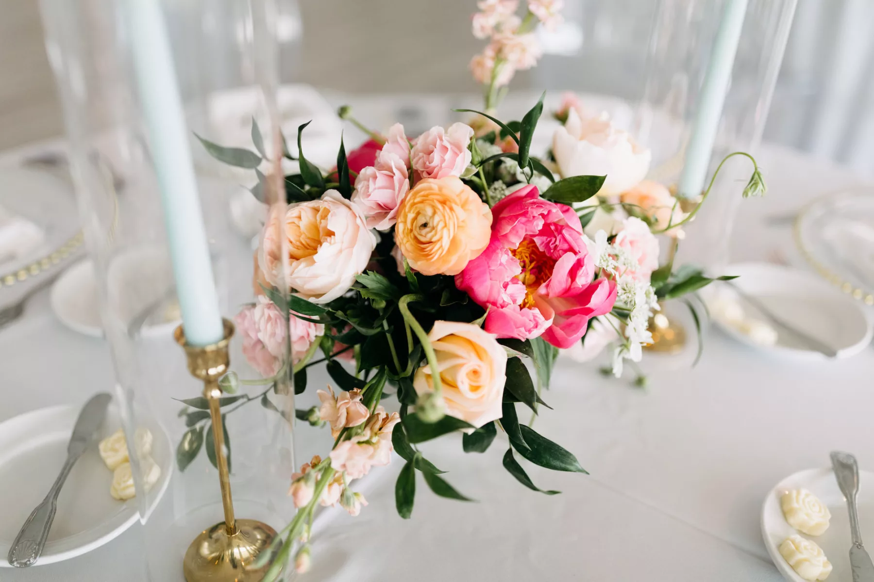 Orange Ranunculus, Pink Peony, Roses, and Greenery Summer Wedding Reception Centerpiece Decor Inspiration | Tampa Bay Florist Beneva Flowers