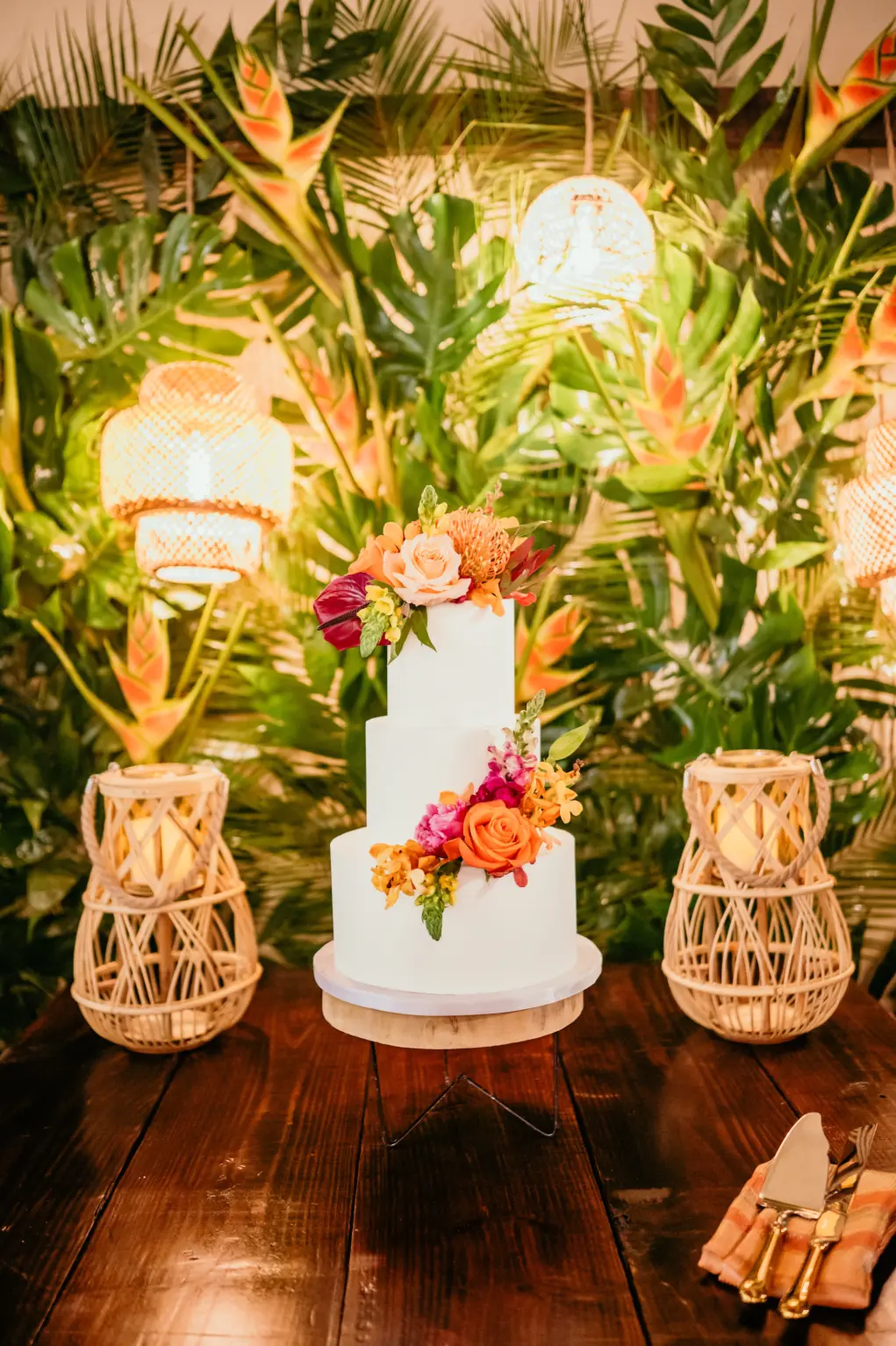 Boho Round White Three-Tiered Buttercream Wedding Cake Inspiration with Tropical Pink and Orange Roses, Protea Flowers | Bakery Tampa Bay Cake Company | St Pete Florist Save The Date Florida