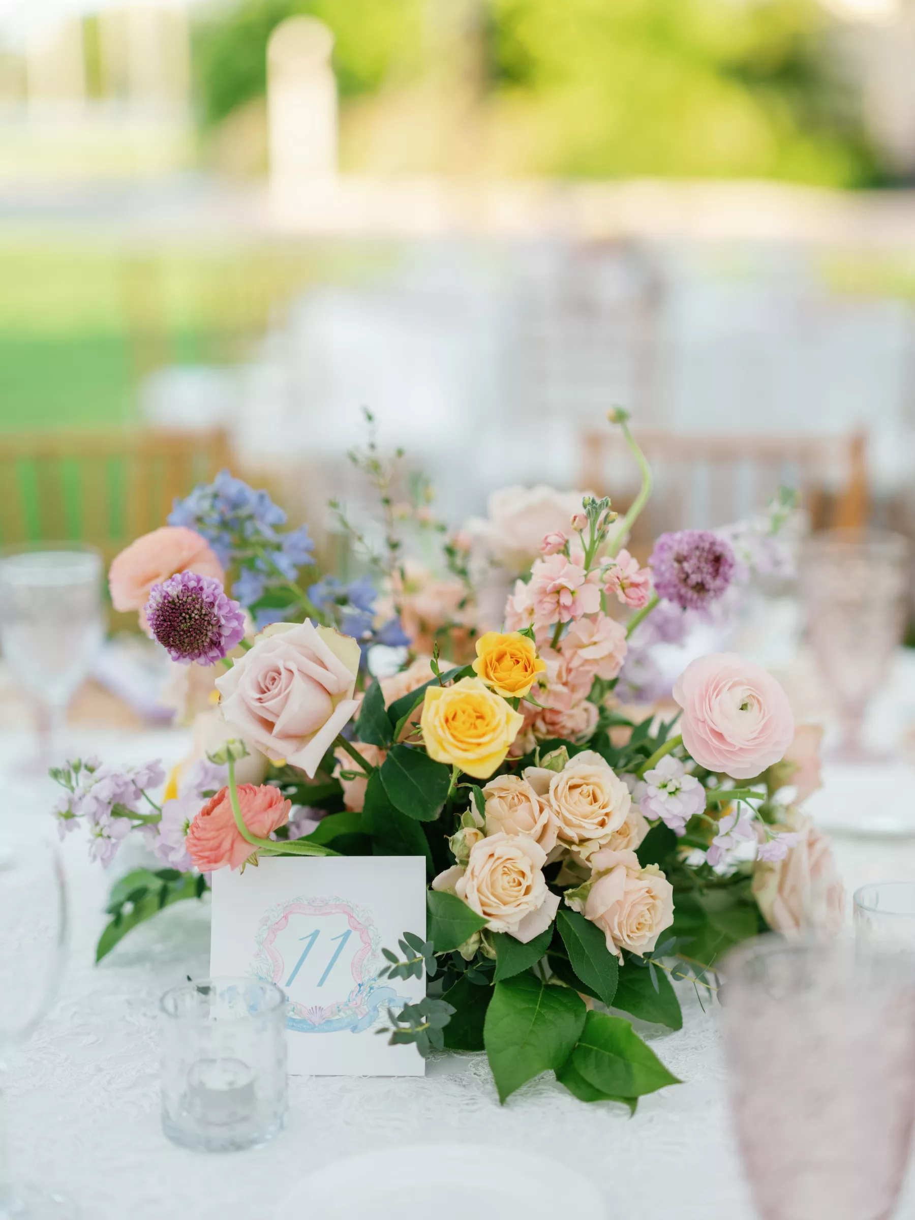 Pastel Pink and Yellow Roses, Ranunculus, Stock Flowers Wedding Reception Centerpiece Decor Ideas