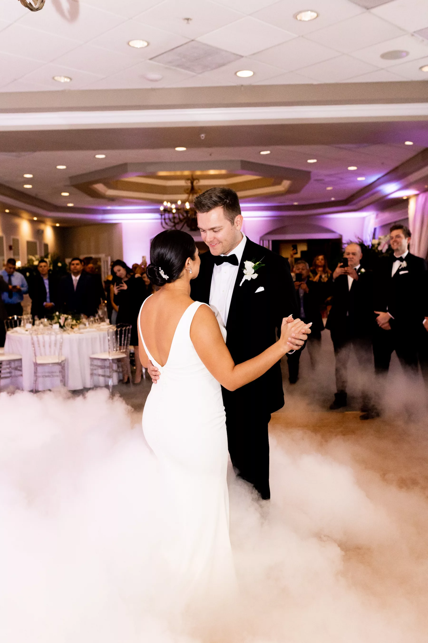 Bride and Groom First Dance with Fog Machine Wedding Portrait