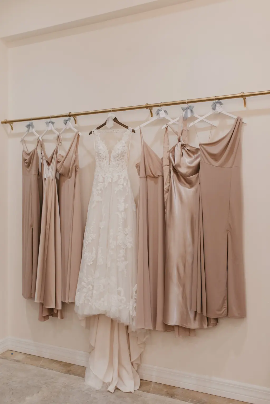 Neutral Beige Taupe Mismatched Chiffon and Satin Bridesmaids Dresses | White Open Back Lace and Tulle Lillian West Wedding Dress with Maggie Sottero Veil Inspiration