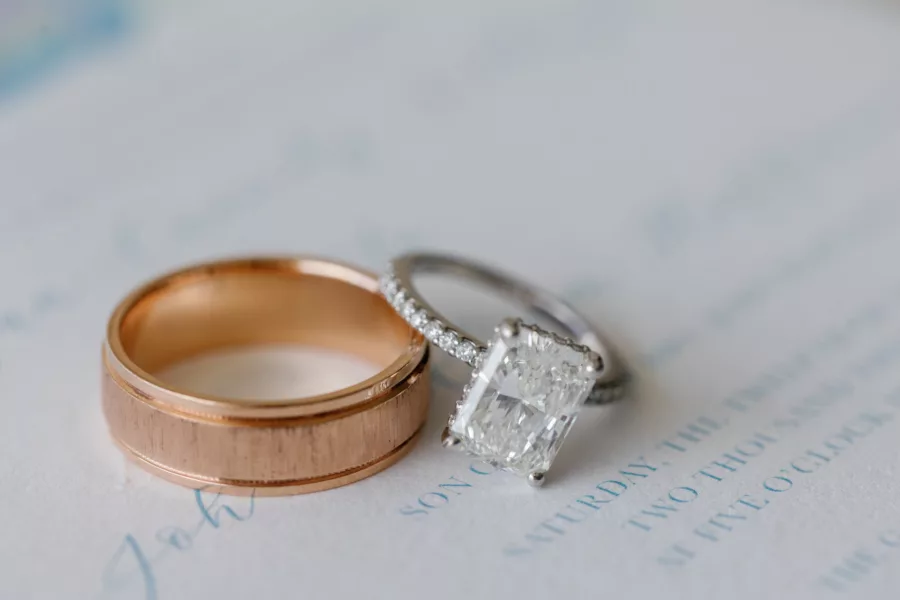 Emerald Cut Diamond Engagement Ring Ideas | Rose Gold Groom's Wedding Band Inspiration
