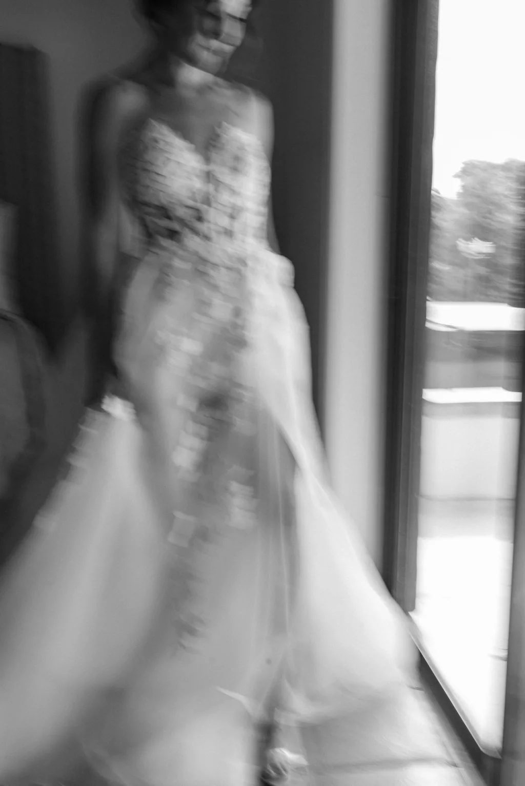 Blurry Bride Getting Ready Black and White Wedding Portrait