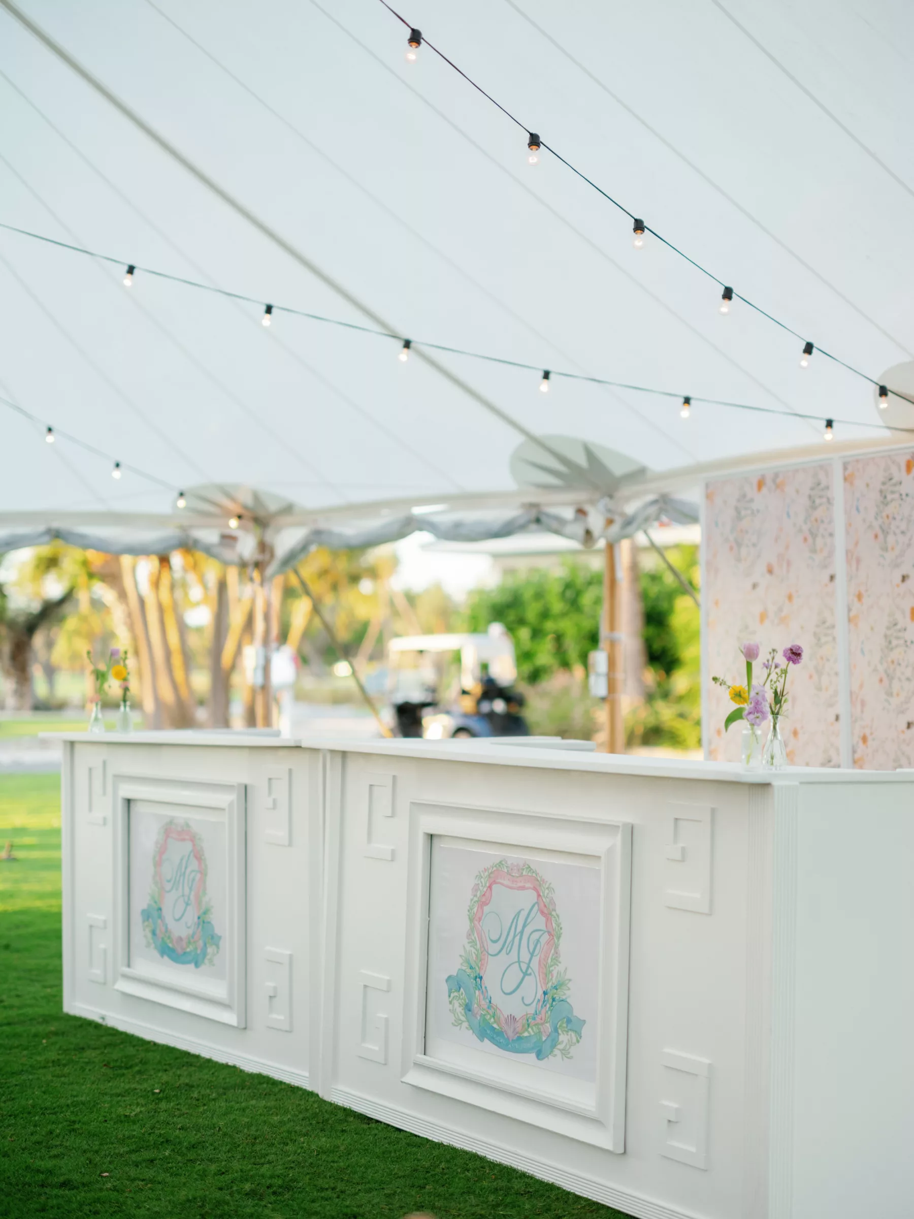 Custom Pastel Pink and Blue Monogram Decor for Elegant Old Florida Tented Wedding Reception Bar Ideas