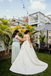 Bride Getting Ready | White Deep-V Neckline Open Back A-Line Lace Wedding Dress Inspiration