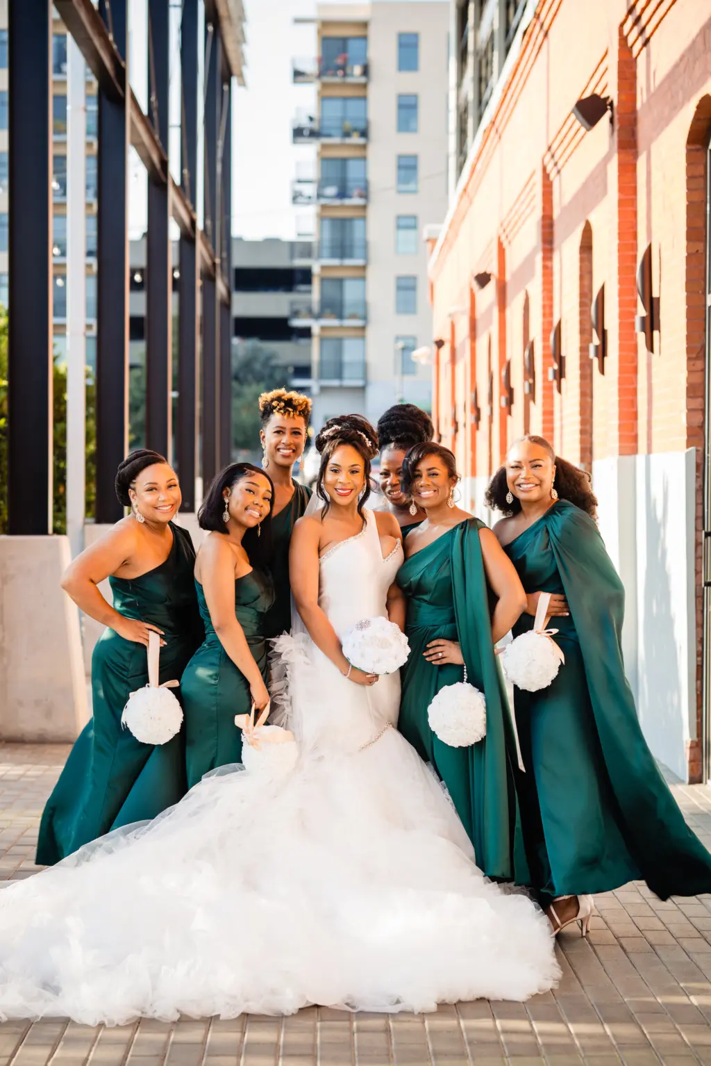Elegant Matching Emerald Green Satin Bridesmaids Dresses Inspiration | One Shoulder Tulle Mermaid Pantora Bridal Wedding Dress Ideas | White Flower Ball Bouquet Alternatives | Tampa Bay Florist FH Events