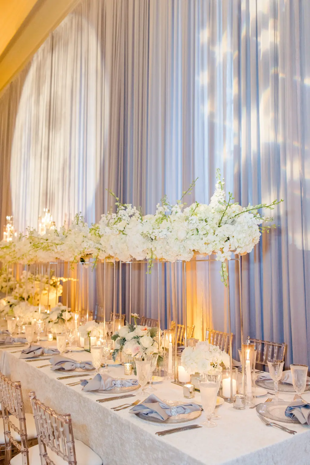 White Winter Wonderland Starry Night Wedding Reception Tall Centerpiece Decor Inspiration