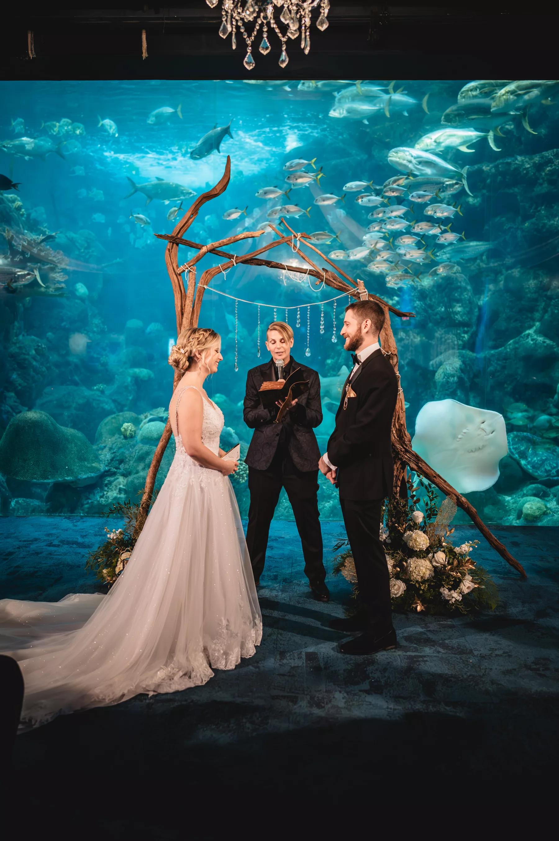 Nautical Inspired Coral Reef Gallery Fall Wedding Ceremony | Drift Wood Arch Ideas | Tampa Bay Event Venue The Florida Aquarium