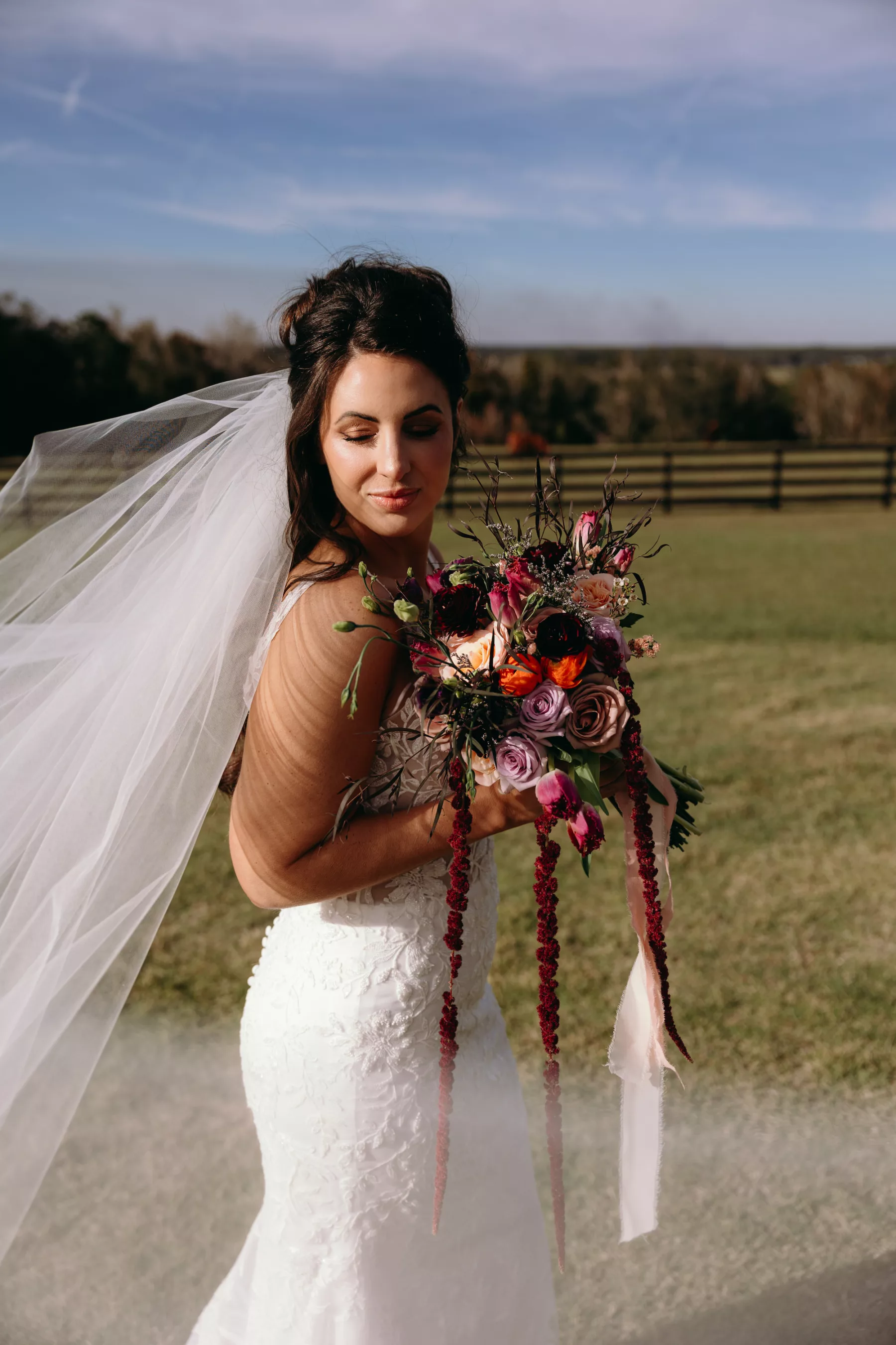 Whimsical Purple and Orange Roses, Brown Amaranthus, Pink Tulips, Wax Flowers, and Greenery Wedding Bouquet | Tampa Bay Florist Save The Date Florida