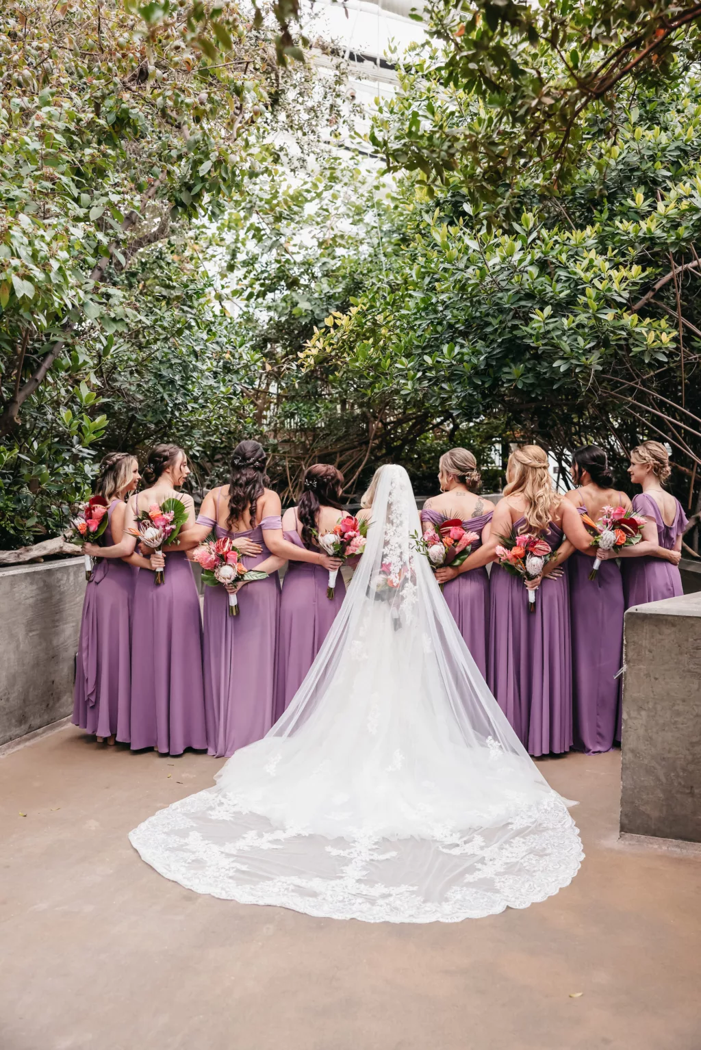 Mismatched Lavender Bridesmaids Dresses | White Lace A-Line Wedding Dress with Cathedral Veil Inspiration | Tampa Bay Bridal Boutique Truly Forever Bridal Tampa | Florist Save The Date Florida
