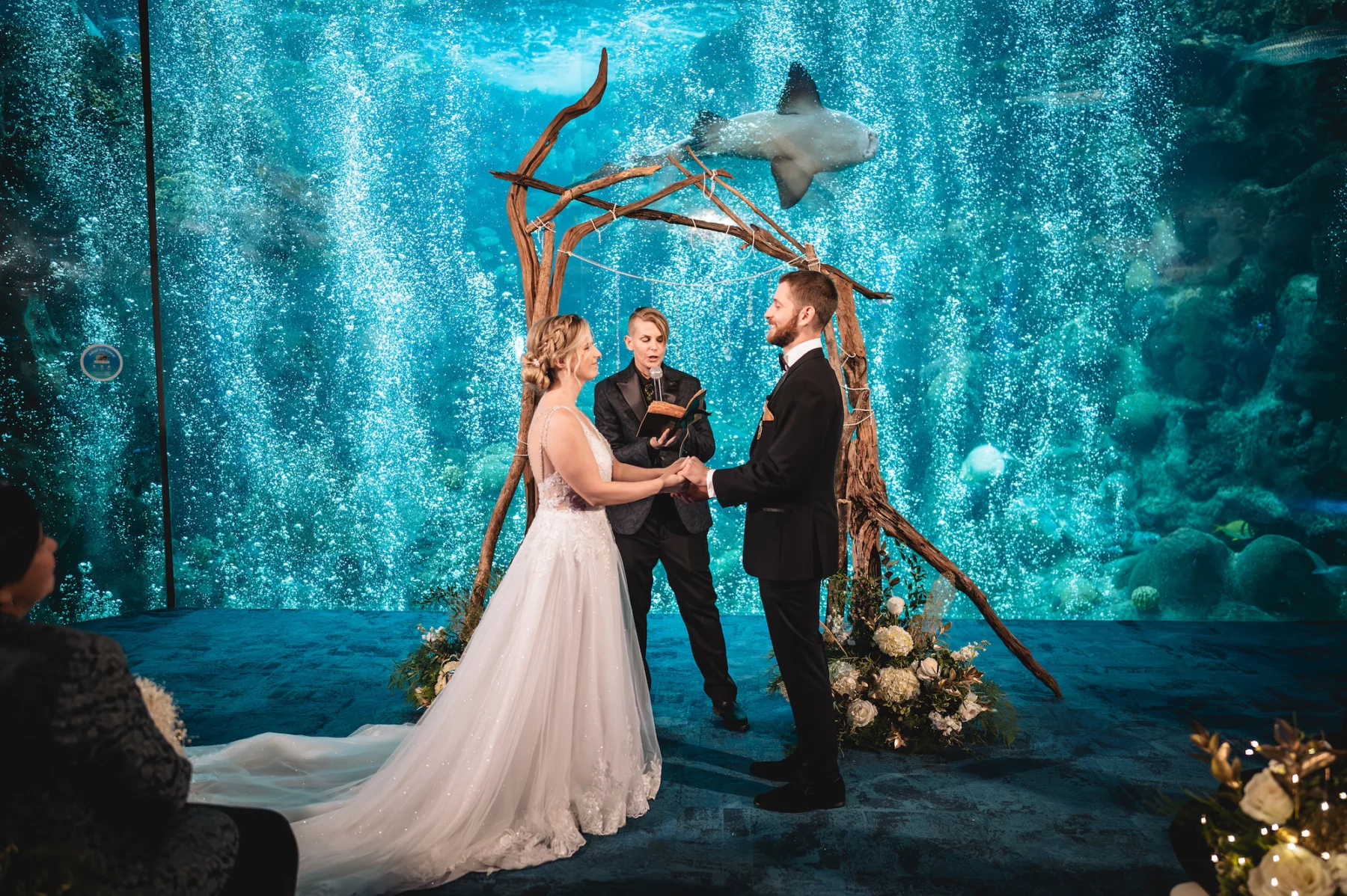 Bubble Curtain Coral Reef Gallery Nautical Fall Wedding Ceremony Inspiration | Drift Wood Arch Ideas | Tampa Bay Event Venue The Florida Aquarium