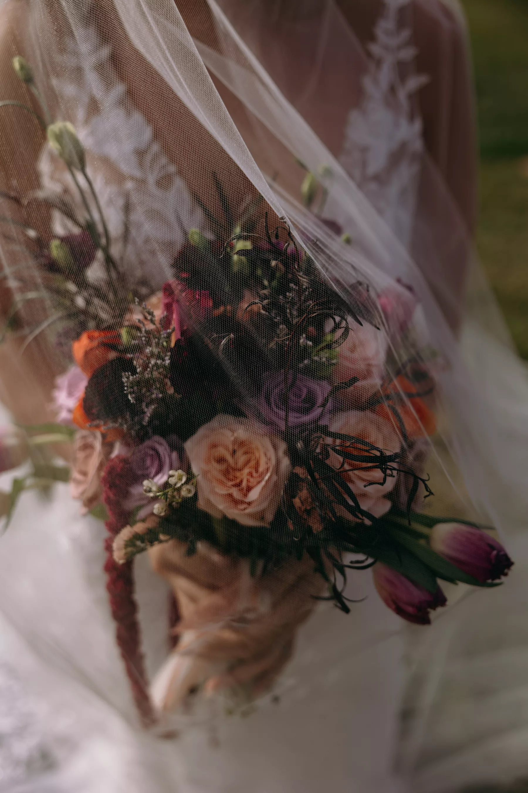 Whimsical Purple and Orange Roses, Brown Amaranthus, Pink Tulips, Wax Flowers, and Greenery Wedding Bouquet | Tampa Bay Florist Save The Date Florida