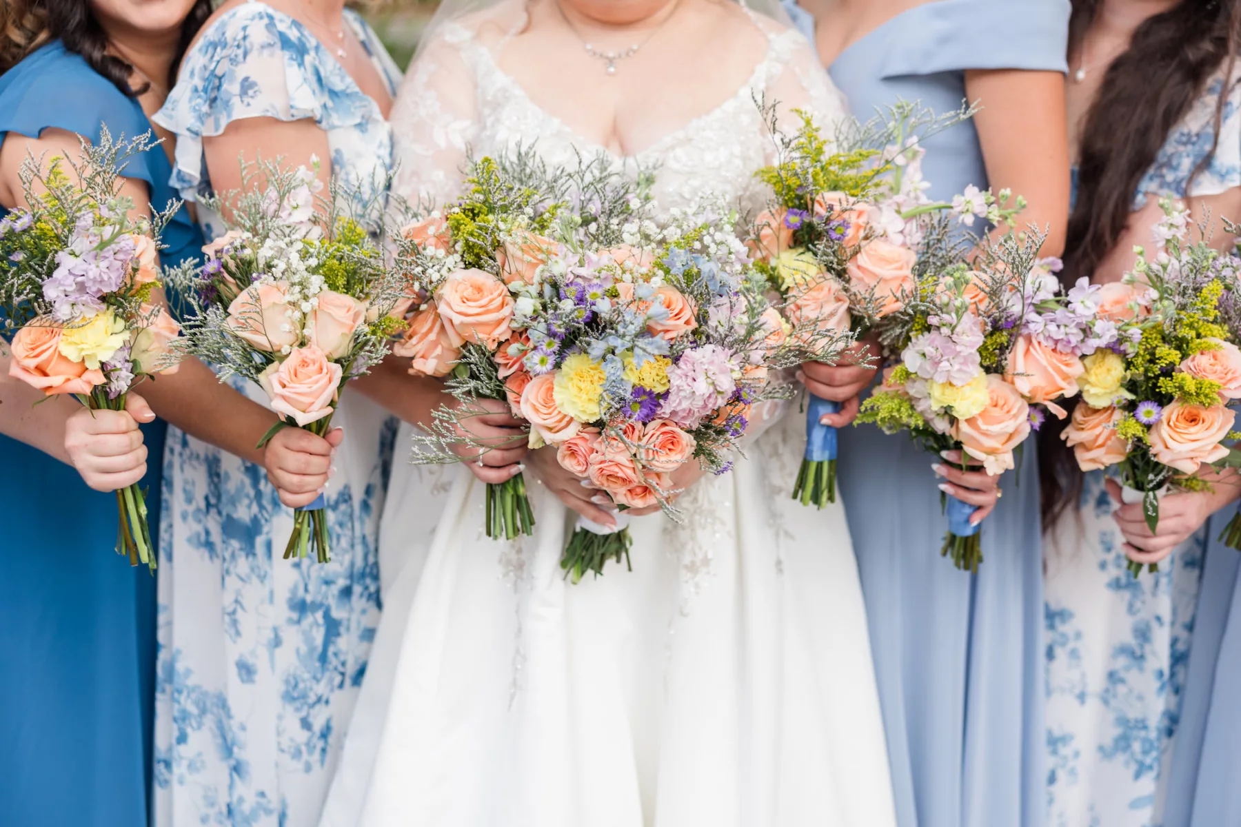 Spring Wedding Bridal Bouquet Ideas with Peach Roses, Baby's Breath, Purple Daisies, Pink Hydrangeas