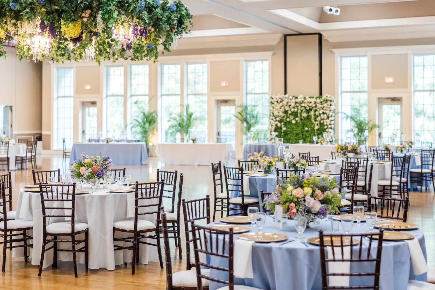 Blue and Peach English Garden Inspired Ballroom Wedding Reception with Mahogany Chiavari Chairs Ideas