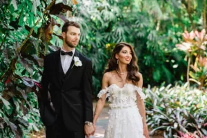 Bride and Groom Garden Wedding Portrait | White Removable Off-the-Shoulder Straps, A-Line Floral Applique Wedding Dress Ideas | Tampa Bay Photographer Iyrus Weddings