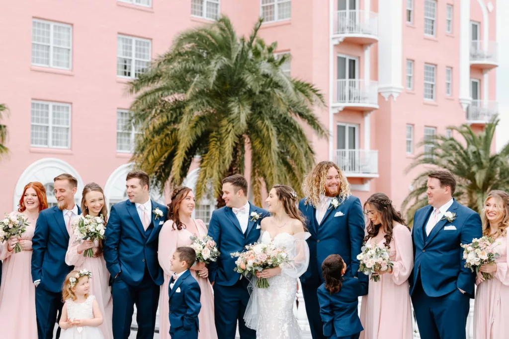 Blue Three Piece Groomsmen Suits | Long Sleeve Blush Bridesmaids Wedding Dress Inspiration | Navy and Pink Bridal Party Attire Ideas