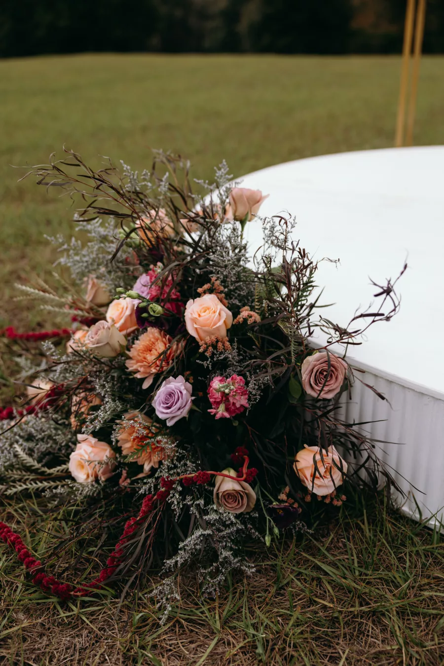 Whimsical Purple and Peach Roses, Chrysanthemums, Amaranthus, and Greenery Fall Wedding Ceremony Altar Decor Inspiration | Tampa Florist Save The Date Florida