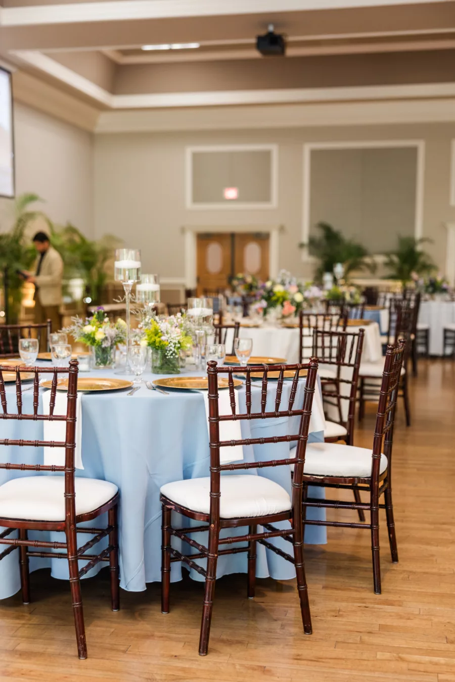 Blue and Peach Spring English Garden Inspired Ballroom Wedding Reception with Mahogany Chiavari Chairs Ideas